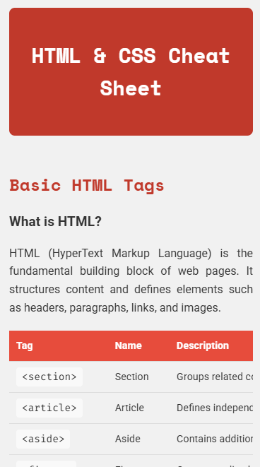 Screenshot of HTML & CSS Cheat Sheet web reference guide