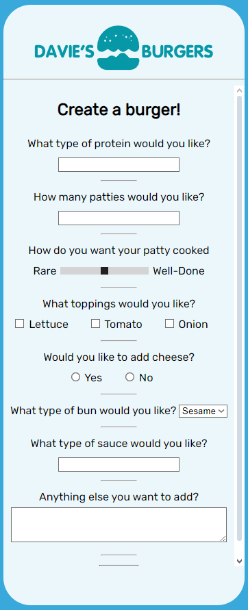 Davie's Burgers custom burger builder interface